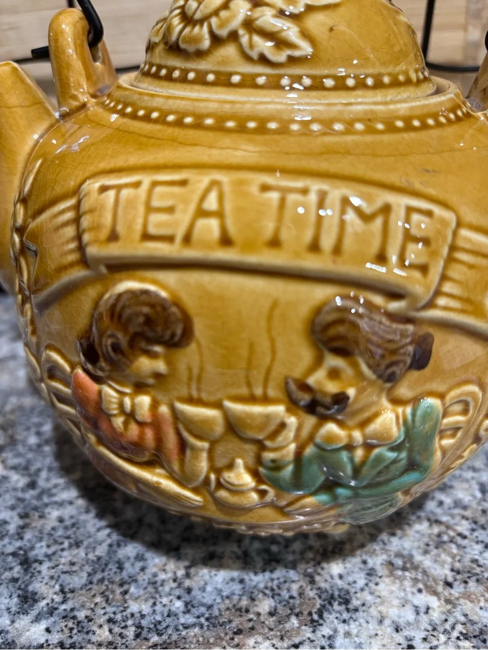 Vintage Yellow Ceramic 'Tea Time' Decorative Teapot with Wire Handle